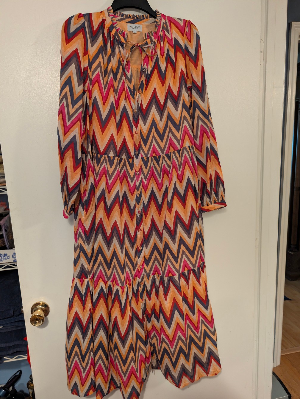 Olivia James The Label Chevron Tie Neck Button Front Dress M